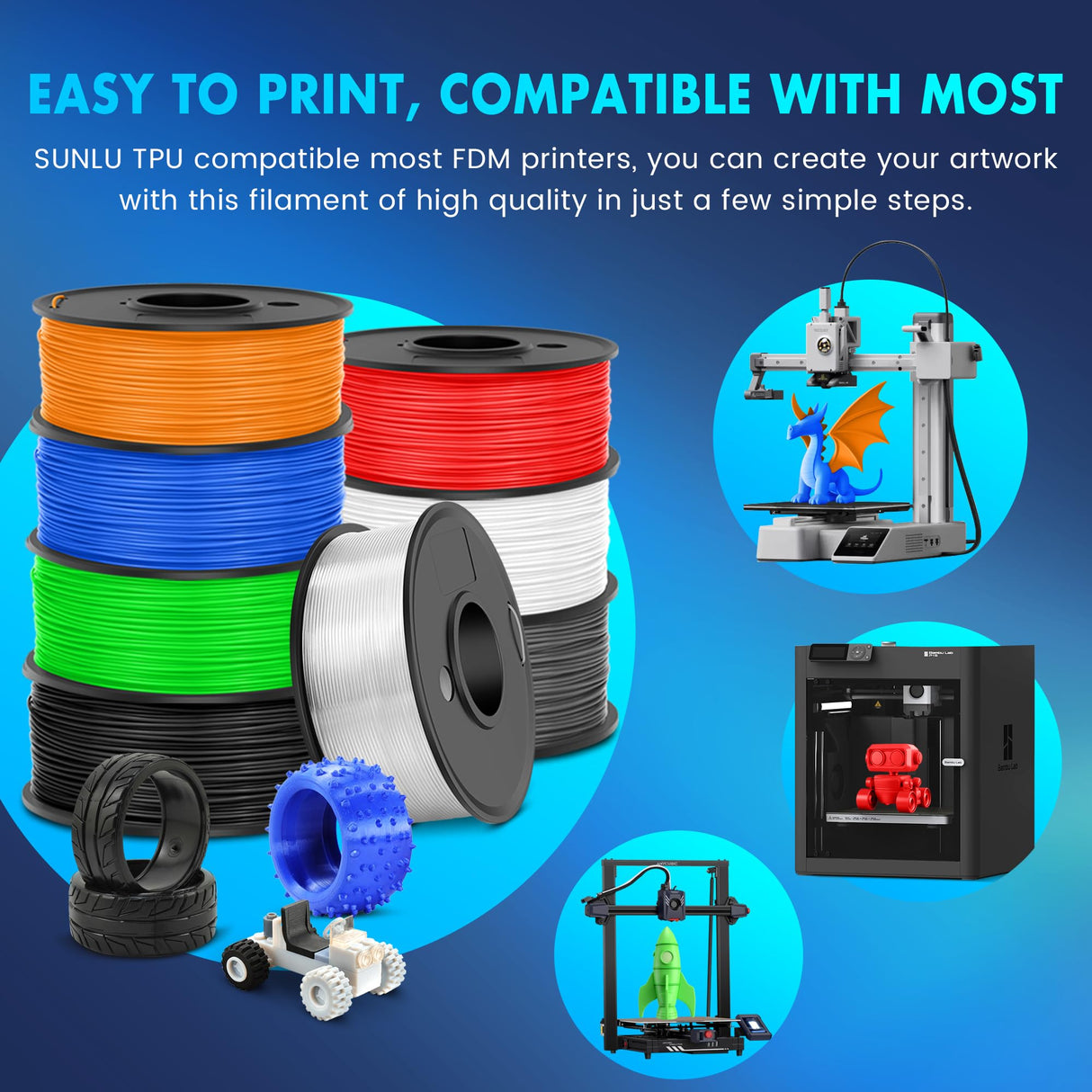 SUNLU TPU 3D Printer Filament 1.75mm, High Speed 95A TPU Filament Bundle, Flexible 3D Filament for Fast Printing, 250G Spool, 8 Rolls, 2KG in Total, Black+White+Grey+Red+Transparent+Blue+Green+Orange SUNLU