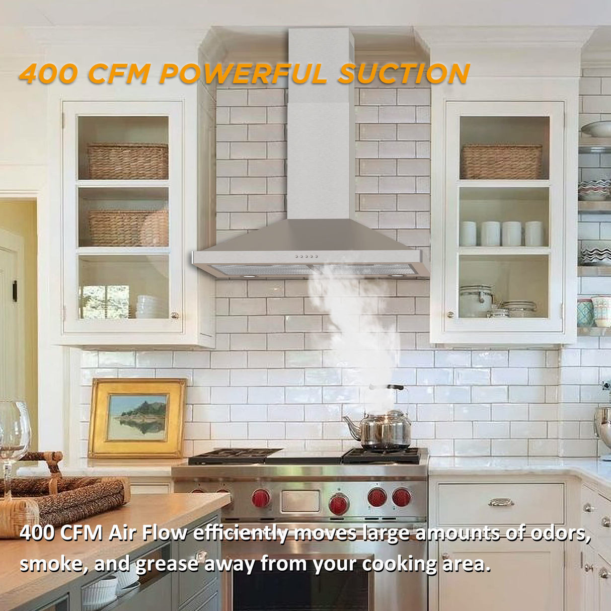 FIREGAS Wall Mount Range Hood 30 inch, 400 CFM Stainless Steel Stove Vent Hood with 3 Speed Exhaust Fan, Ducted/Ductless Convertible Duct kitchen hood, LED Lights, Push Button, Charcoal Filters FIREGAS