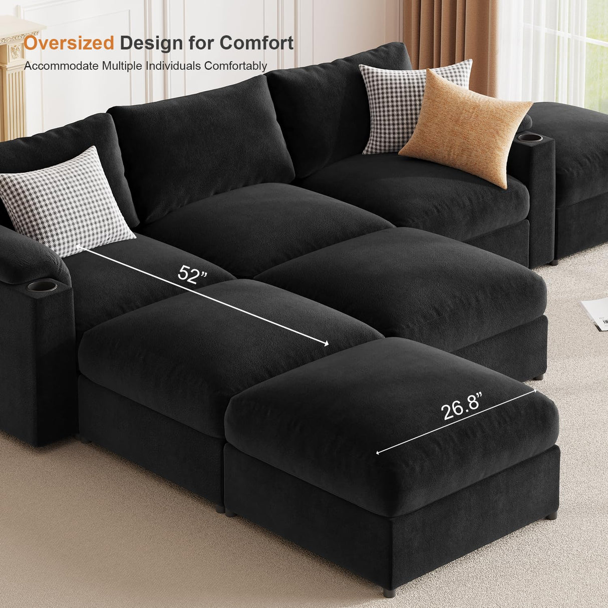 HOMYHOMEY Modular Sectional Sofa Couch for Living Room Velvet Couches Oversized U Shaped Convertible Sleeper Sofa Chaise Detachable Armrest Cushion Washable Cover Cup Holder (Black, 8 Seats) HOMYHOMEY