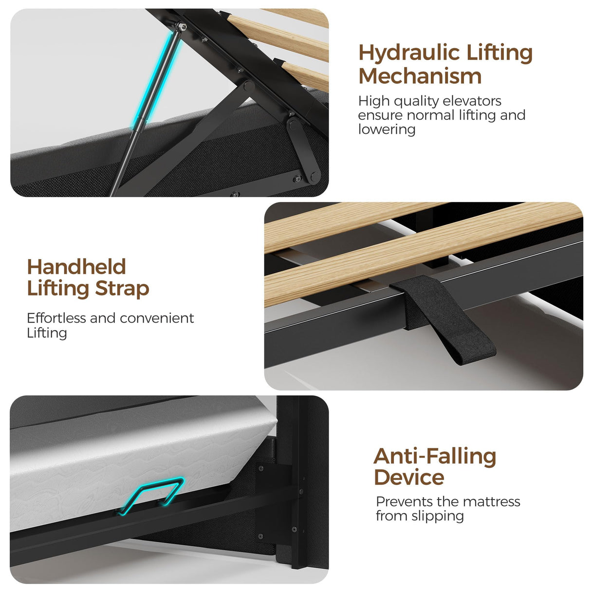 Rolanstar Bed Frame Queen Size with Lift Up Storage, Charging Station & LED Lights, Upholstered Storage Headboard, Heavy Duty Wooden Slats, No Box Spring Needed, Noise Free, Easy Assembly, Black Rolanstar