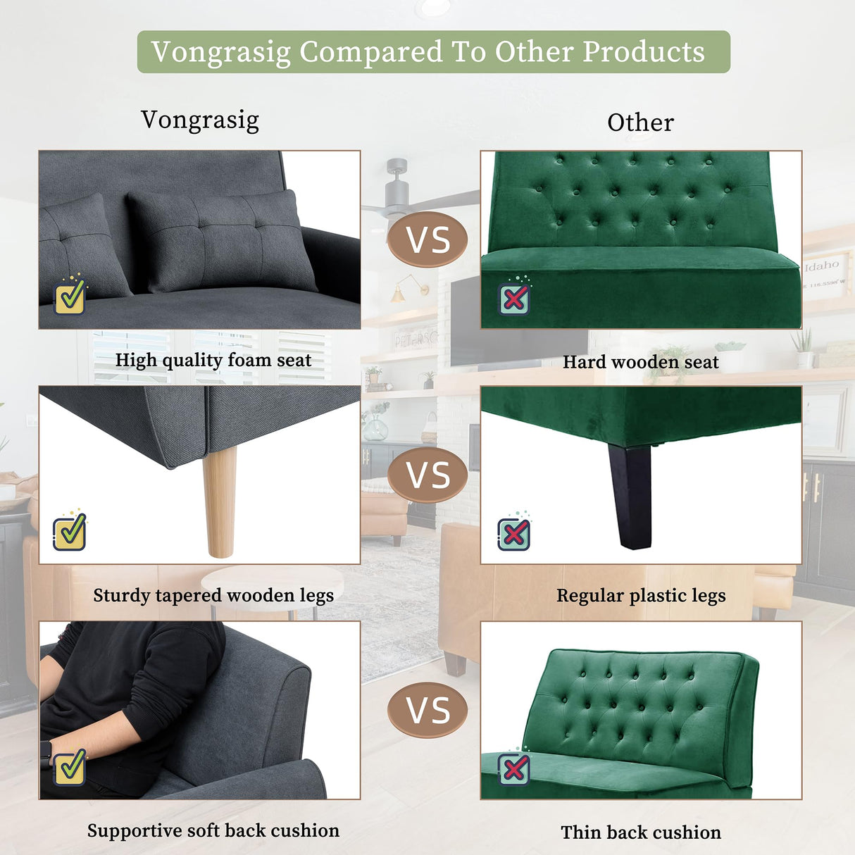 Vongrasig 47" Small Modern Loveseat Sofa, Mid Century Linen Fabric 2-Seat Couch Tufted Love Seat with Back Cushions and Tapered Wood Legs for Living Room, Bedroom and Small Space (Dark Gray) Vongrasig