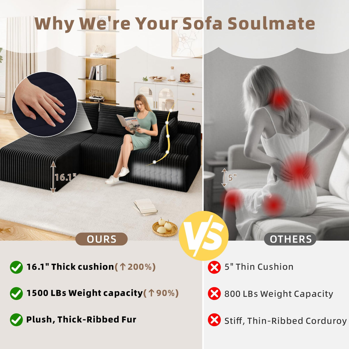 Boneless Couch, Upholstered Cloud Sectional Couch with L Shape Chaise, Fluffy Comfy Cloud Sofa with Deep Seat & Throw Pillows, Boneless Couches for Living Room, No Assembly Required, Black EROMMY