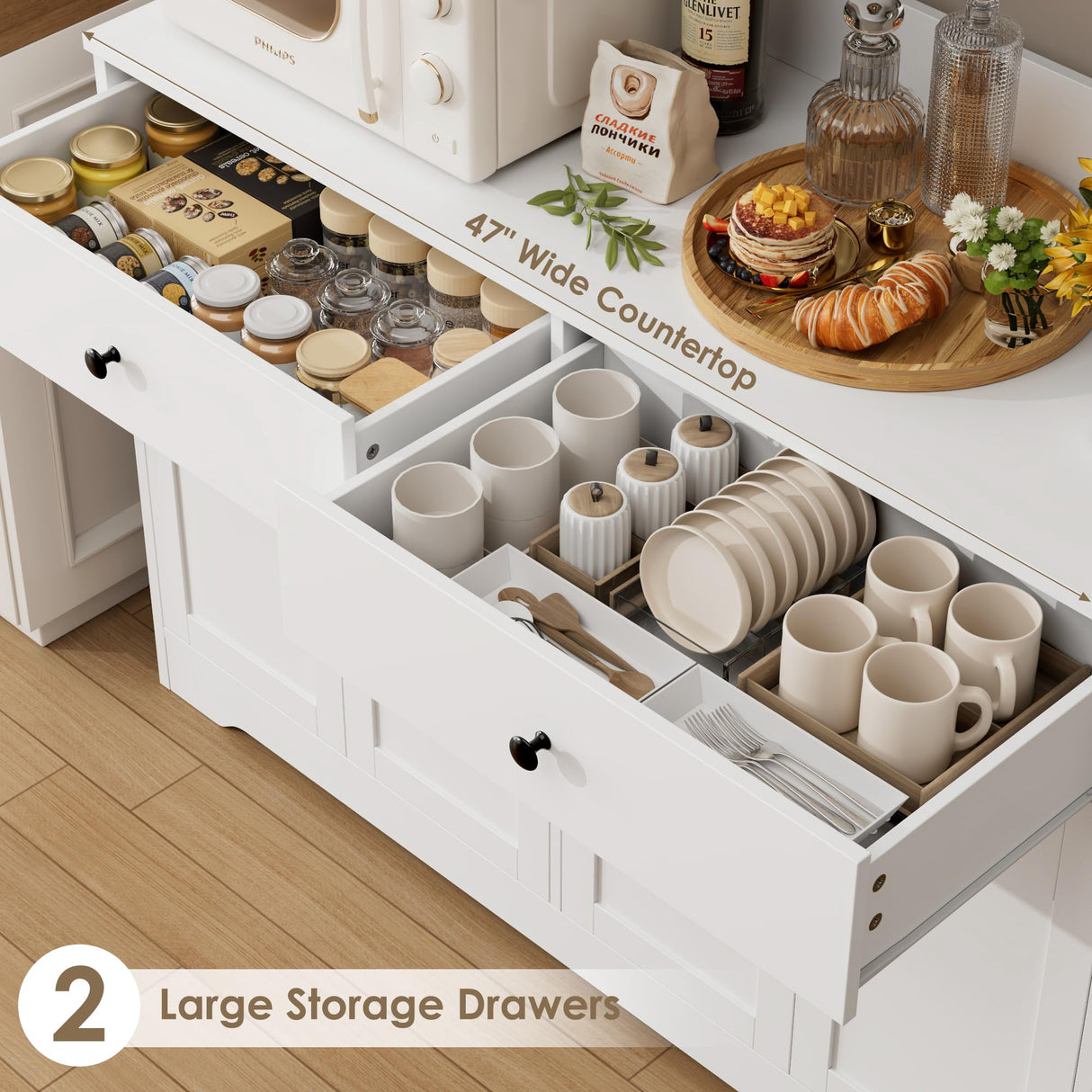 HIFIT 71" LED Kitchen Pantry Cabinet with Power Outlet, Large Kitchen Hutch Storage Cabinet with Arched Door & Shelves & 2 Drawers, Tall Modern Coffee Bar with Hutch for Home Dining Living Room, White HIFIT