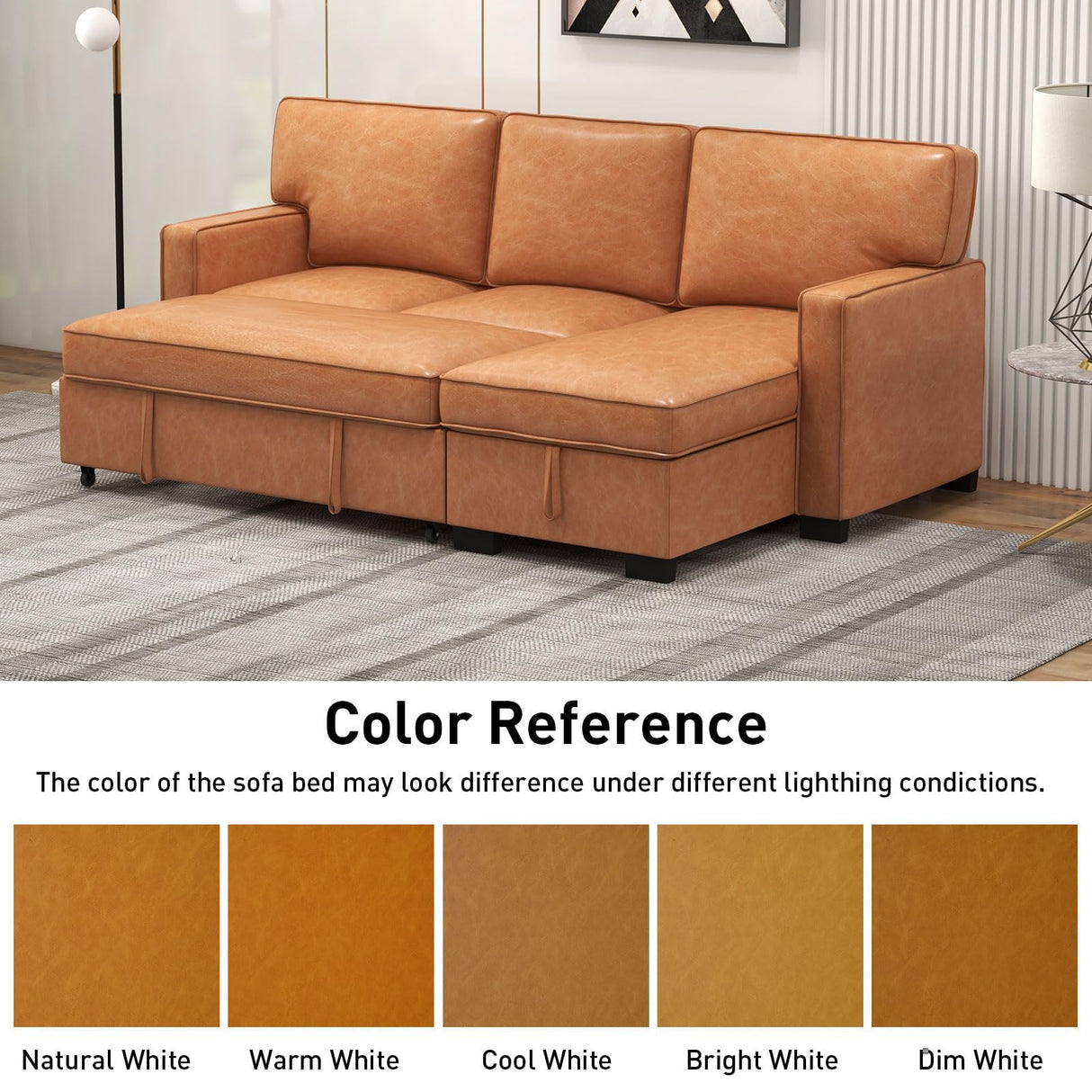 EBELLO Convertible Sleeper Sofa 3 in 1, Faux Leather Modern L-Shaped Couches for Living Room, Pull Out Sectional Futon Sofa Bed with Storage Space, USB Ports and Cup Holders for Bedroom, Brown EBELLO