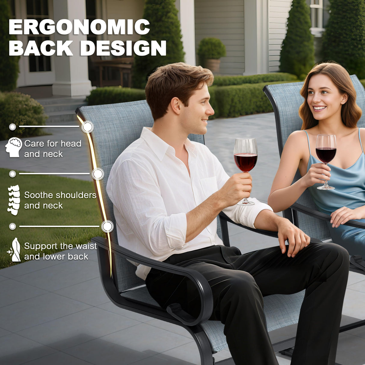 NUU GARDEN 7-Piece Outdoor Patio Dining Set with 6 Padded Textilene C-Spring Chairs and 61 x 37 Inch Table with 1.8 Inch Umbrella Hole for Patio Deck Garden Backyard Indoor Outdoor Use Black Blue NUU GARDEN