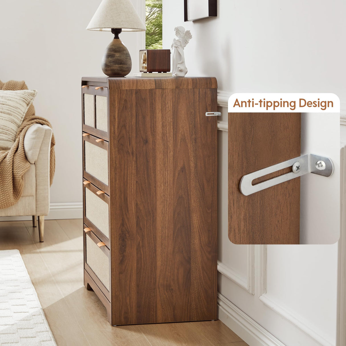 RUSTYER Mid Century Modern Dresser for Bedroom with 4 Drawers, 35" Tall Chest of Drawers with Natural Linen, Curved Wood Dresser Closet Clothes Storage Organizer for Living Room, Hallway((Walnut) RUSTYER