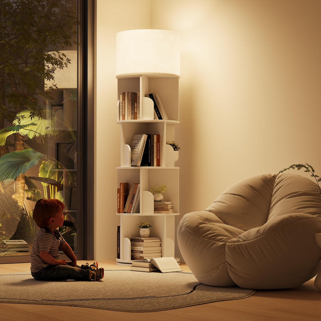 INNOD Rotating Bookshelf with Light, 4 Tier Spinning Bookshelf Tower, 360° Revolving Bookcase, Small Corner Book Shelf for Kids Rooms, Bedrooms, Living Rooms, Home Offices, and Compact Areas, White INNOD