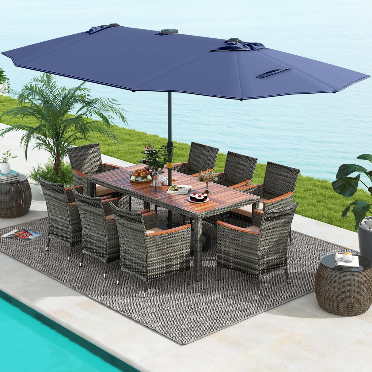Tangkula 11 Pieces Patio Dining Set with 15 ft Double-Sided Patio LED Umbrella (Base Included), Outdoor Rattan Furniture Set with 8 Armchairs, 1 Rectangular Acacia Wood Dining Table (Navy) Tangkula