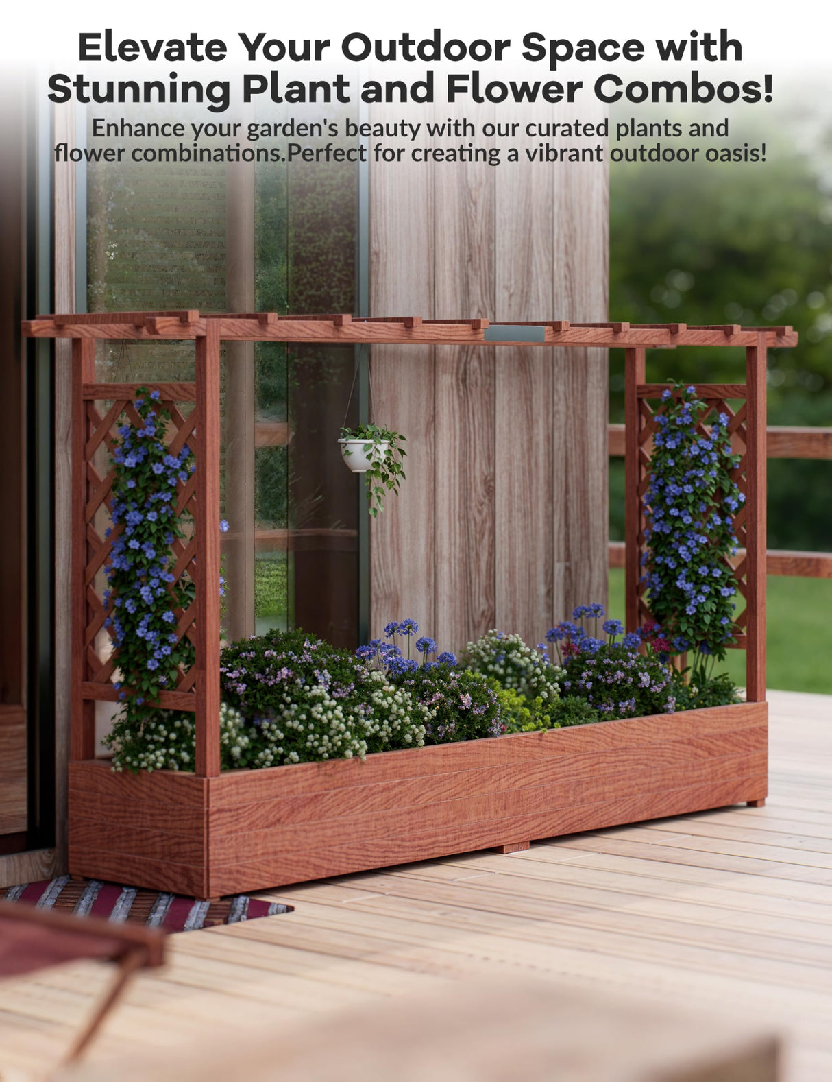 Hipicute Elevated Garden Bed with Arch Trellis & Hanging Roof for Vine Climbing Plants, Wood Planter Box with Hanging Roof, Side Trellis, 4 Drainage Holes,Above Ground Raised Garden Bed, 79"x17"x45" Hipicute