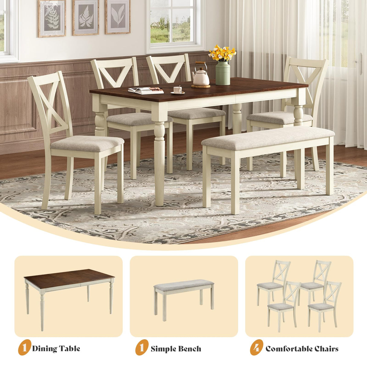 AMERLIFE 6-Piece Farmhouse Dining Table Set, 60” Solid Wood Table, 4 Upholstered Chairs and Bench, Rustic White and Walnut Finish, Seating for 6, for Kitchen or Dining Room AMERLIFE
