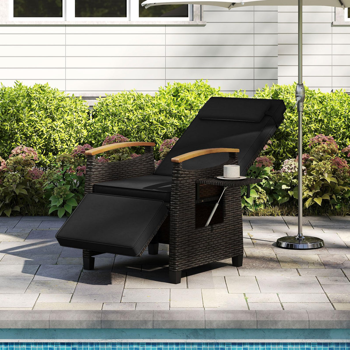 HAPPYGRILL Outdoor Rattan Wicker Chaise Lounge Recliner Chair with Adjustable Backrest & Footrest, Push Back Outside Seat w/Cushion & Flip Table for Backyard, Porch, Balcony (Black,1) HAPPYGRILL