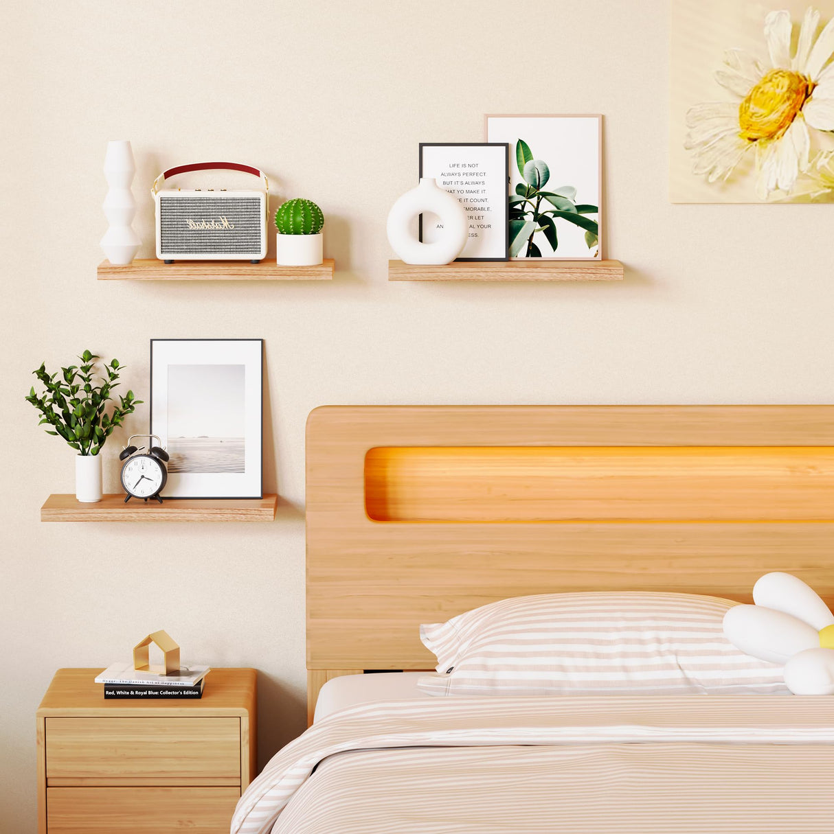 Greenual 3 Packs Floating Shelves for Wall, Nature Wood Wall Shelf, 16" Wall Mounted Floating Shelf for Kitchen, Living Room, Bedroom, Bathroom Storage, Book Shelf for Wall Home Decor, Frame Display Greenual