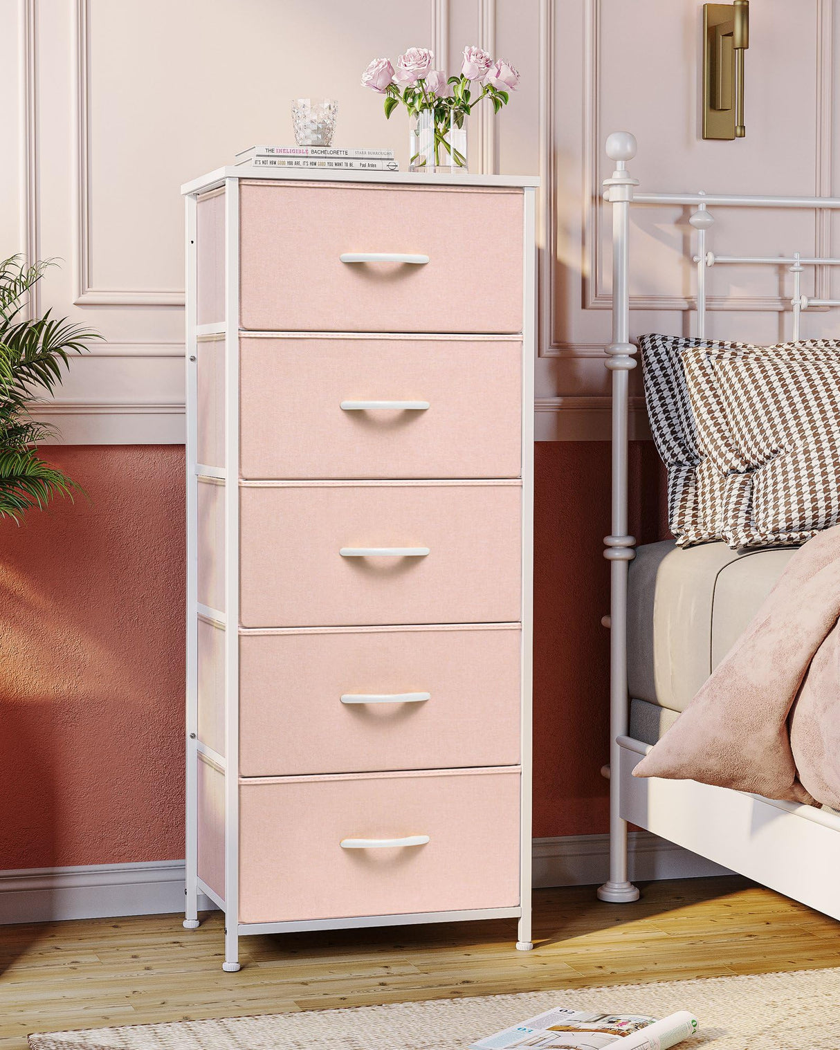 Crestlive Products Tall Dresser for Girls Bedroom, Chest of 5 Drawers, Fabric Storage Tower, Clothing Organizer for Bedroom, Hallway, Entryway, Closets, Nursery(Pink) Crestlive Products