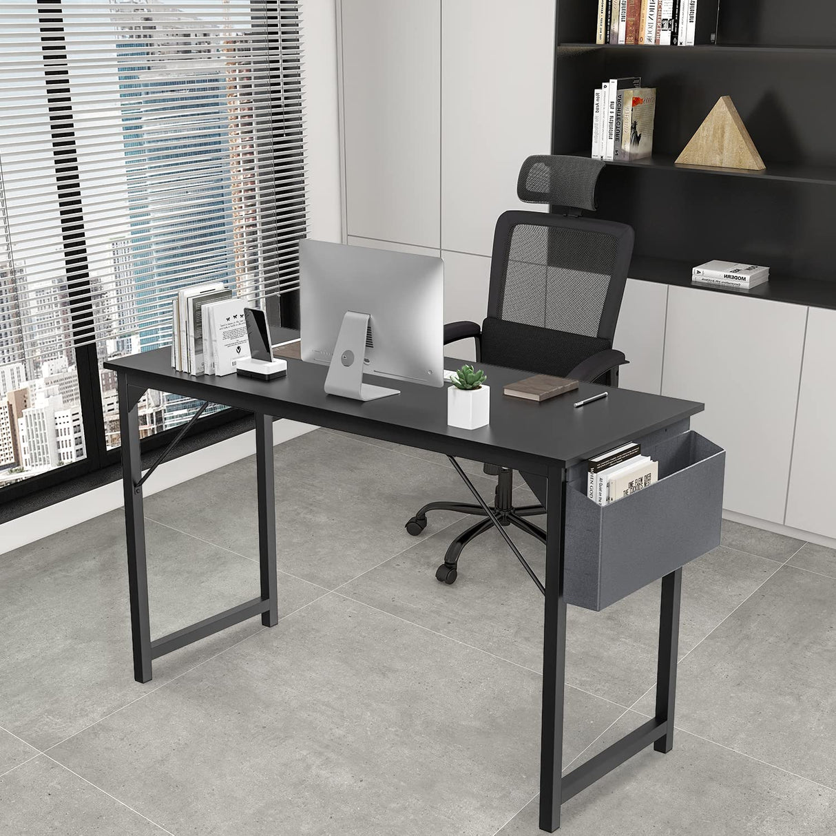 OLIXIS Computer Office Desk, 48 Inch Writing Work Study PC Wood Modern Table with Storage Bag & Headphone Hook Simple Bedroom for 2 Person Kids Student Table, Black OLIXIS