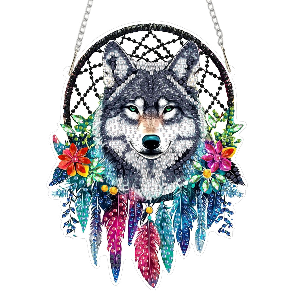 SENQAO Wolf Diamond Art Hanging Kit for Adult, Special Shaped Rhinestone, Double Sided DIY Acrylic Diamond Art Painting Window Pendants Home Garden Wall Hanging Kits Hanging Ornament (Dream Catcher) SENQAO