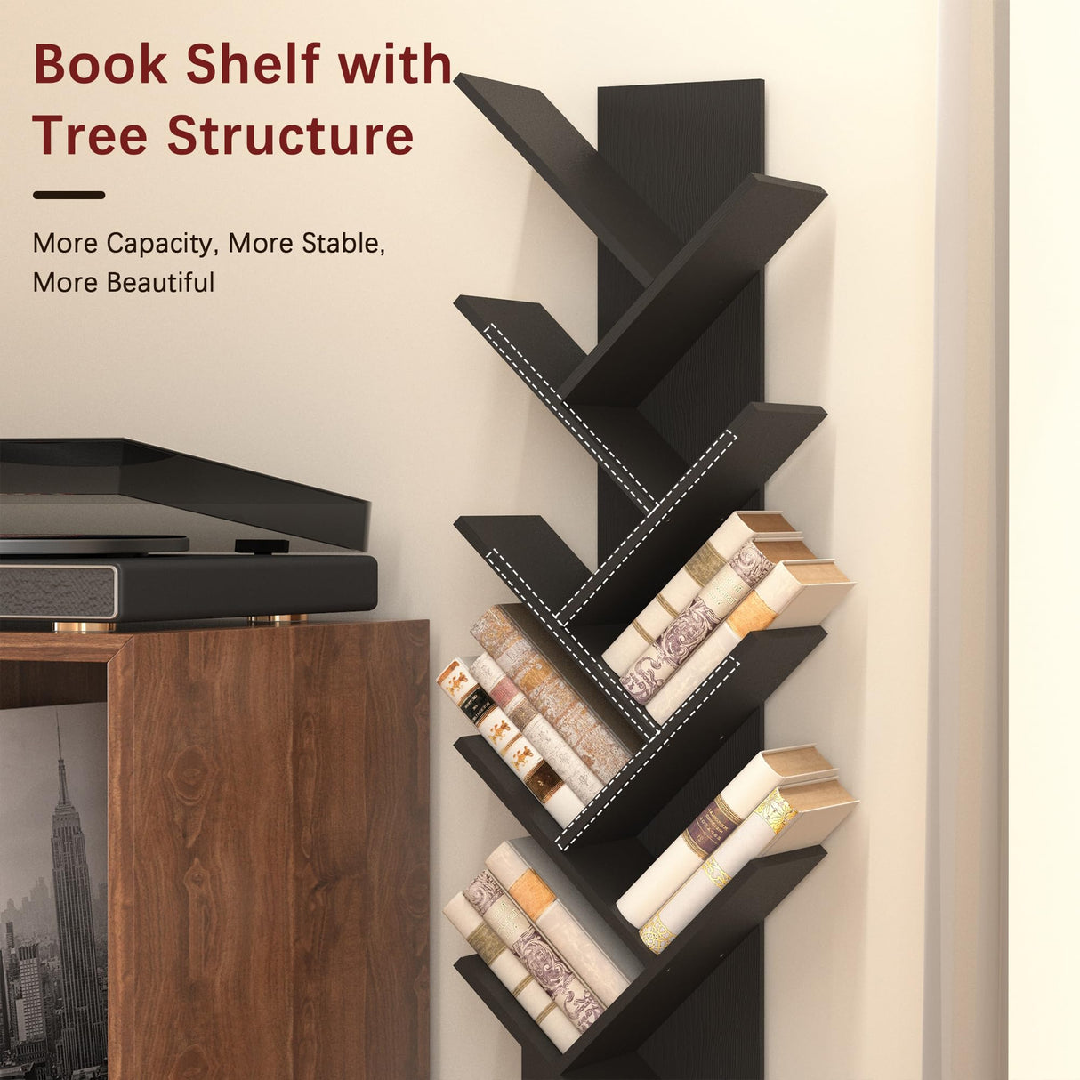 Azaeahom 8 Tier Tree Bookshelf, Wood Bookcase with Storage Cabinet, Modern Tall Narrow Bookshelves Organizer, Floor Standing Book Shelf for Bedroom/Living Room/Home Office/Corner (Black, 8 Tier) Azaeahom