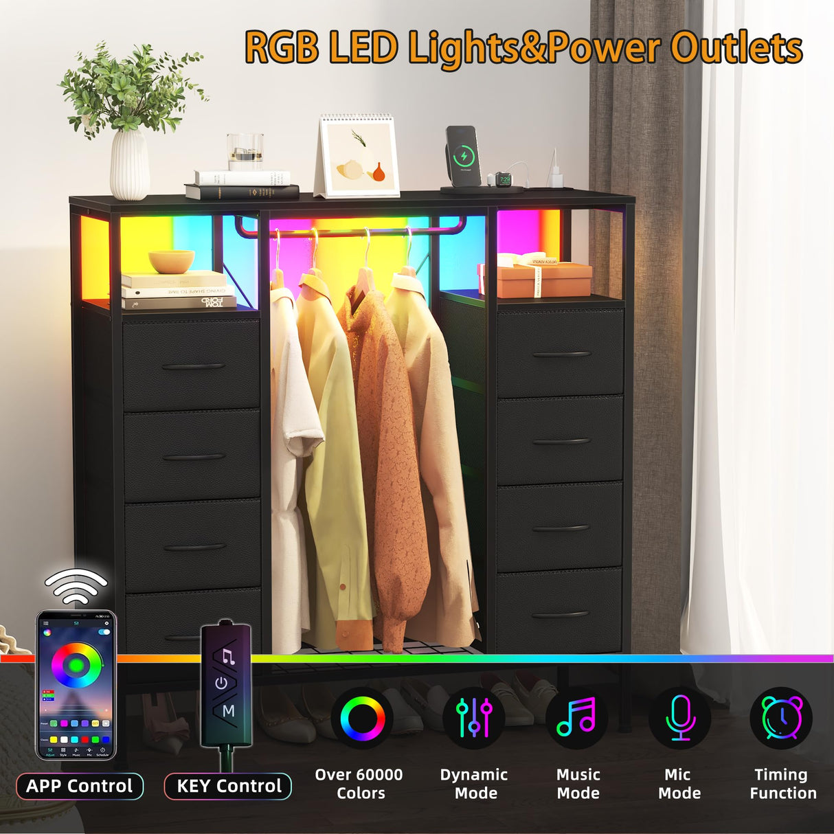 HIGDBFE 8 Drawers Dresser with Hanging Rack, Led Dresser with Charging Station, Kids Dressers with Clothes Rack Open Shelves, Chest of Drawers with Wooden Top for Bedroom, Kids Room, Black HIGDBFE