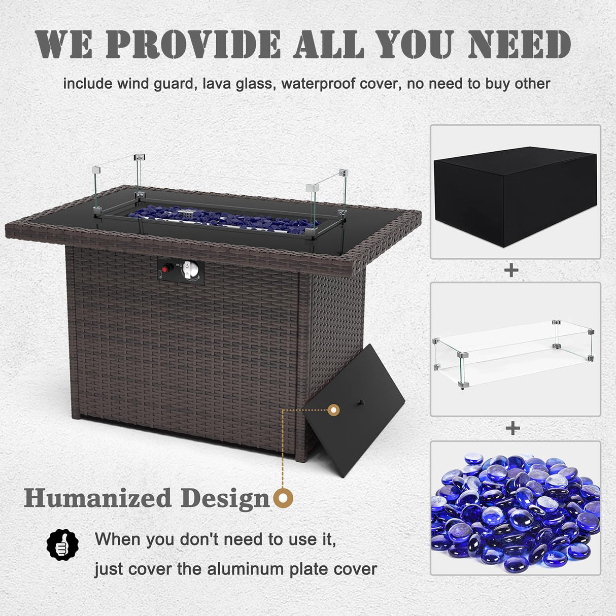 Vakollia 6 Pieces Patio Furniture Set with 44" Propane Gas Fire Pit Table, Outdoor Sectional Brown Rattan Wicker Conversation Sofa Sets with Coffee Table Vakollia