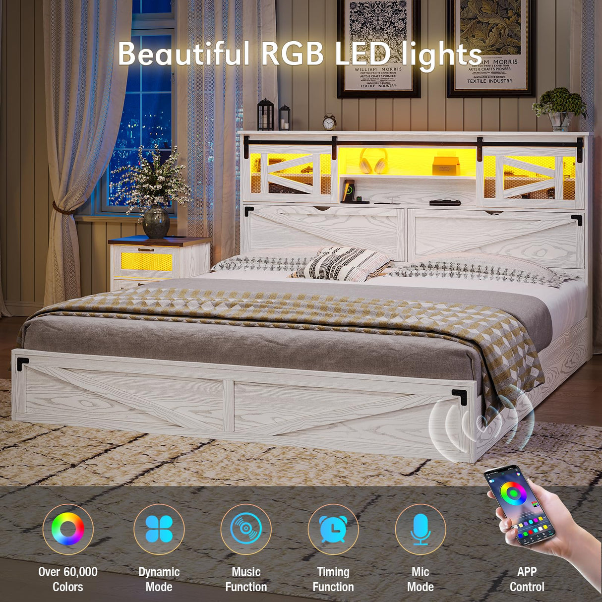 busyaeh Farmhouse Bed Frame Queen Size with Storage Bookcase Headboard, Wooden Queen Bed Frame with Charging Station & Led Light, Rustic Platform Bed Frame with Sliding Barn Door, No Box Spring Needed busyaeh