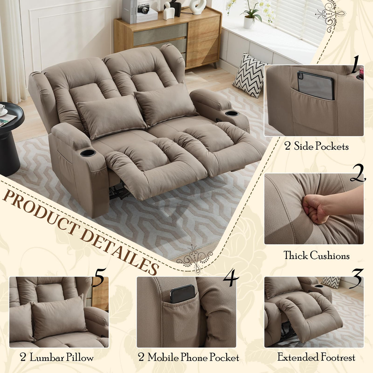 SAMERY 54.2" RV Loveseat Recliner Sofa, Manual Recliner Loveseat RV Sofa Home Theater Seating with Arm, Cup Holders and Side Pocket for Living Room/Office/Apartment SAMERY