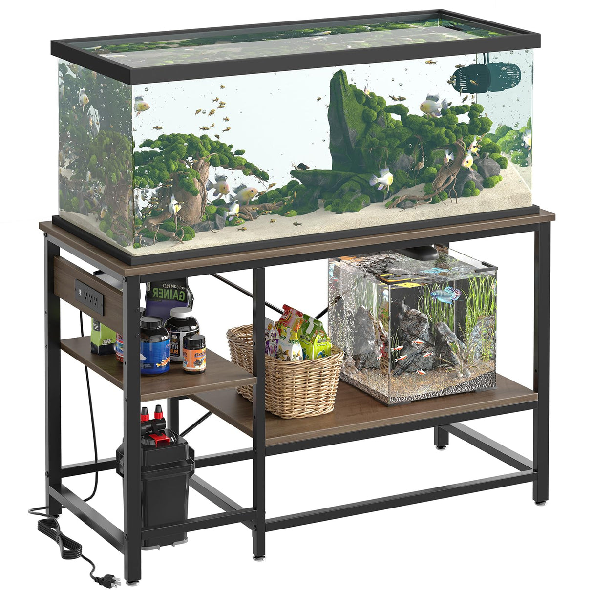 Becuddler 55 Gallon Fish Tank Stand with Charging Station, 49.2x13.8 Metal Aquarium Stand with 3-Tiers Adjustable Storage Shelves, 6-Legs Reptile Terrarium Stand, 700 LBs Becuddler