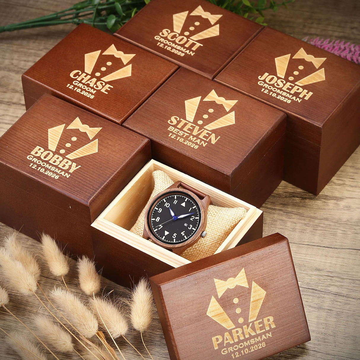 Personalized Walnut Wood Wooden Date Watch, Groomsmen Gift, Mens Gift, Mens Watch, Watches for Men Generic