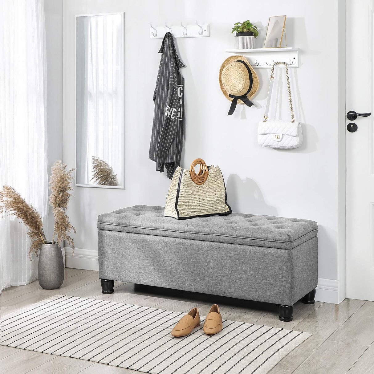 SONGMICS Storage Ottoman, Storage Bench, Tufted Entryway Bedroom Bench, 17.7 x 46.5 x 17.7 Inches, Hinges Easy Lid Operation, Wooden Legs, Linen-Look Cover, Loads 330 lb, Light Gray ULOM070G02 SONGMICS