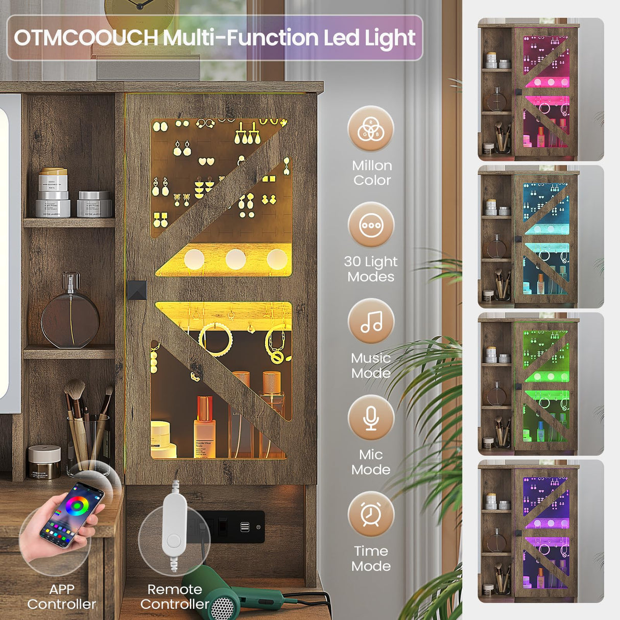 AOGLLATI Farmhouse Vanity Desk with Mirror and Lights, Makeup Vanity Set with Lights & Jewelry Cabinet & 5 Drawers, Vanity Table with Charging Station, Hidden Storage Space for Bedroom, Brown AOGLLATI