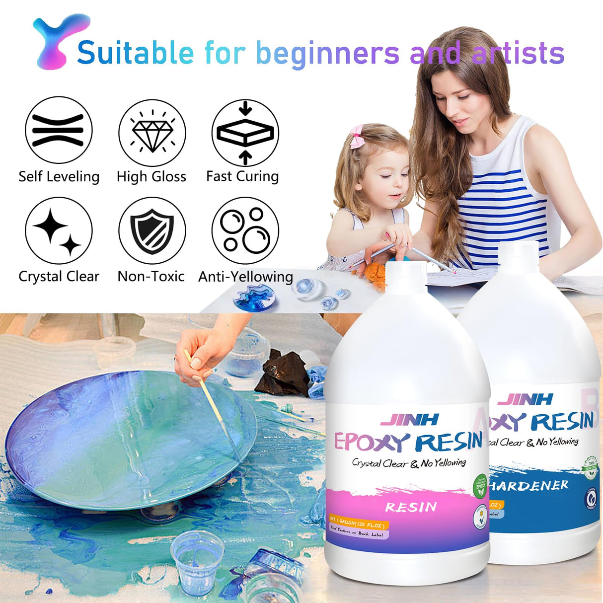 JINH Epoxy Resin 2 Gallon, Upgraded Crystal Clear Epoxy Kit UV Resistant No Bubble Self Leveling, 1 Gallon Resin and 1 Gallon Hardener Kit for DIY Art, Jewelry, Resin Art, Molds, Countertops JINH