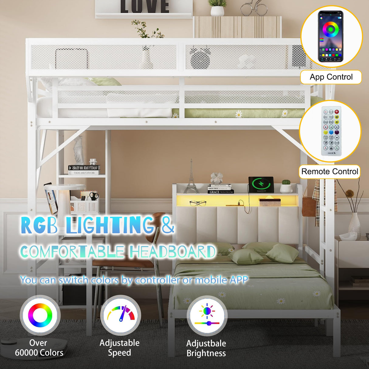 MoproBeti Bunk Bed with Desk,Upper Shelf & Storage Bookshelves,Metal L-Shaped Full Over Twin Bunk Beds with LED & Charge Station,Full Loft Bed w/Ladder,Safety Guardrail for Boys Girls,White MoproBeti