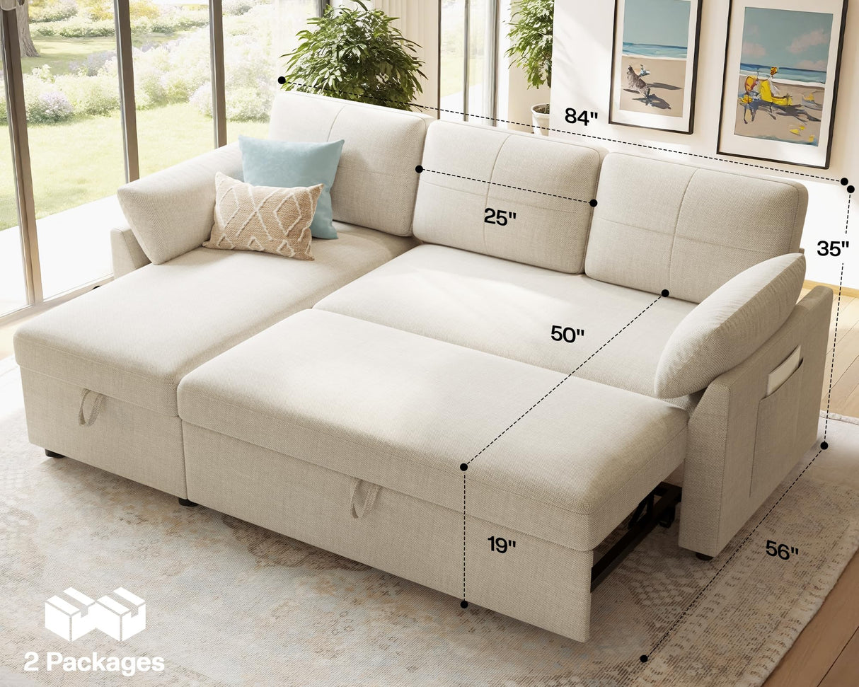 AMERLIFE Sleeper Sofa, 2-in-1 Sofa Bed with Storage Chaise, Pull Out Sofa Couch for Living Room, Guest Room, Linen Beige AMERLIFE