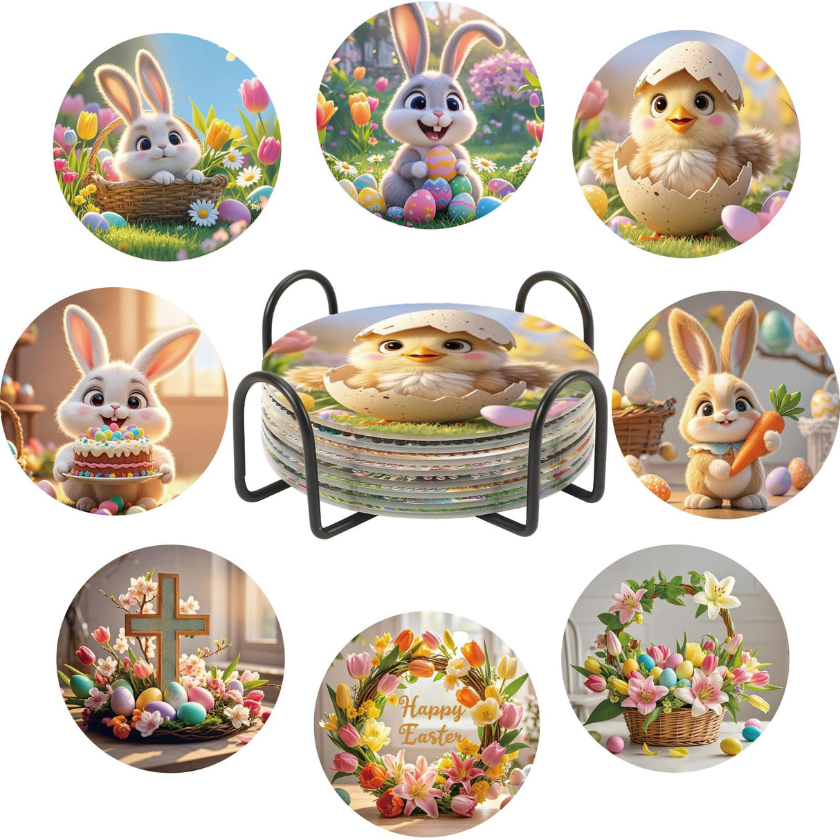 UPINS 8 Pieces Easter Diamond Art Coasters,Bunnies Diamond Art Coaster for Adults Diamond Kits Supplies for Spring Easter Gift UPINS