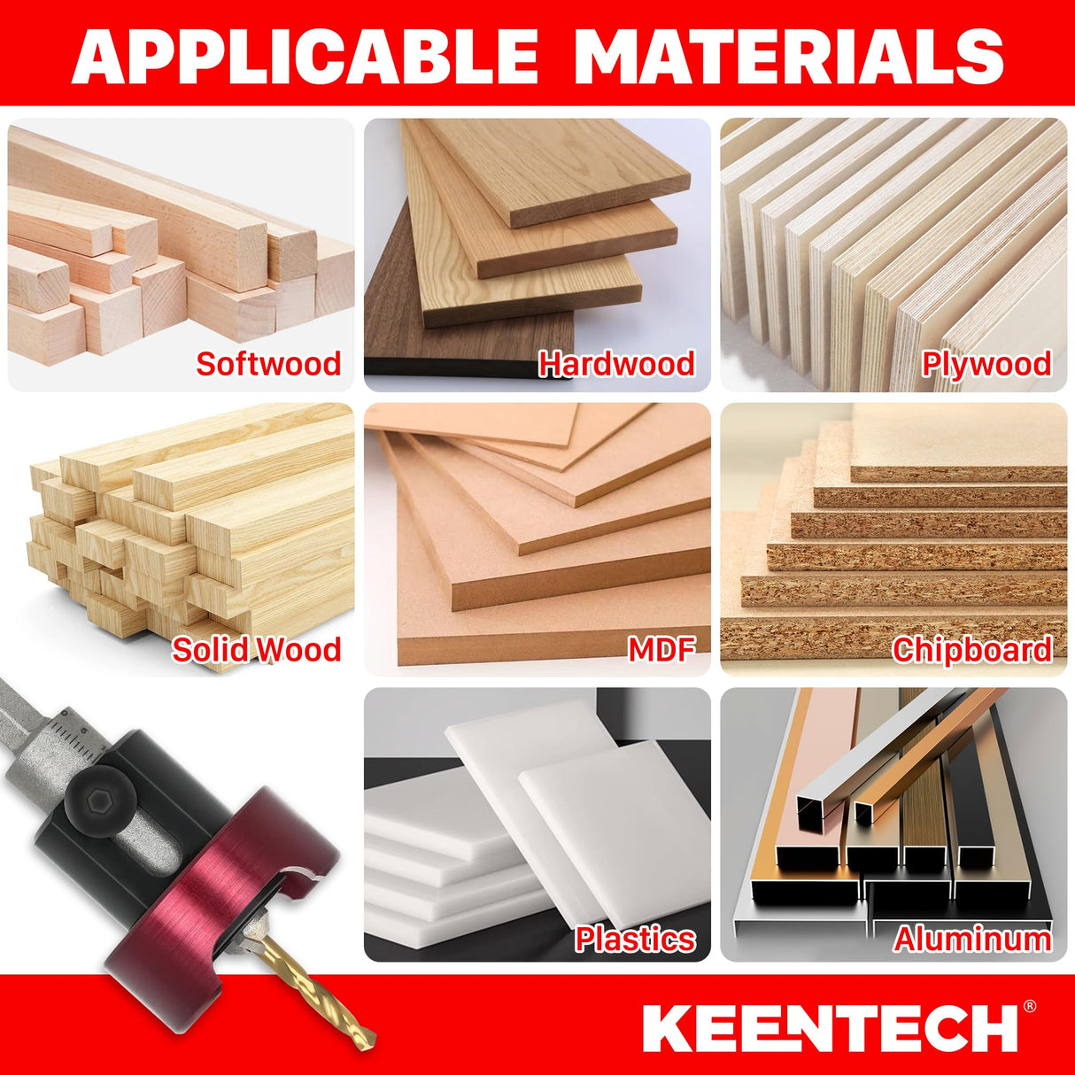 KEENTECH Carbide Tipped 82° Countersink Drill Bit with Depth Stop, 3/8" Dia x 1/8" Drill Diameter x 1/4" Shank, Adjustable Depth Stop with Ball Bearing for High Fine Finish on Softwood and Hardwood KEENTECH