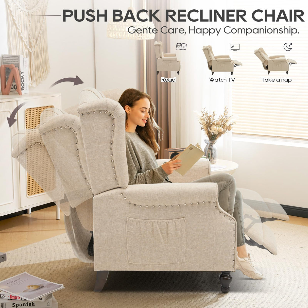 P.H.Furn Wingback Recliner Chair with Massage and Heat, Upholstered Fabric Living Room Chair Armchair with Nailhead Trim,Push Back Recliner Chair with Remote Control,Padded Cushion P.H.Furn