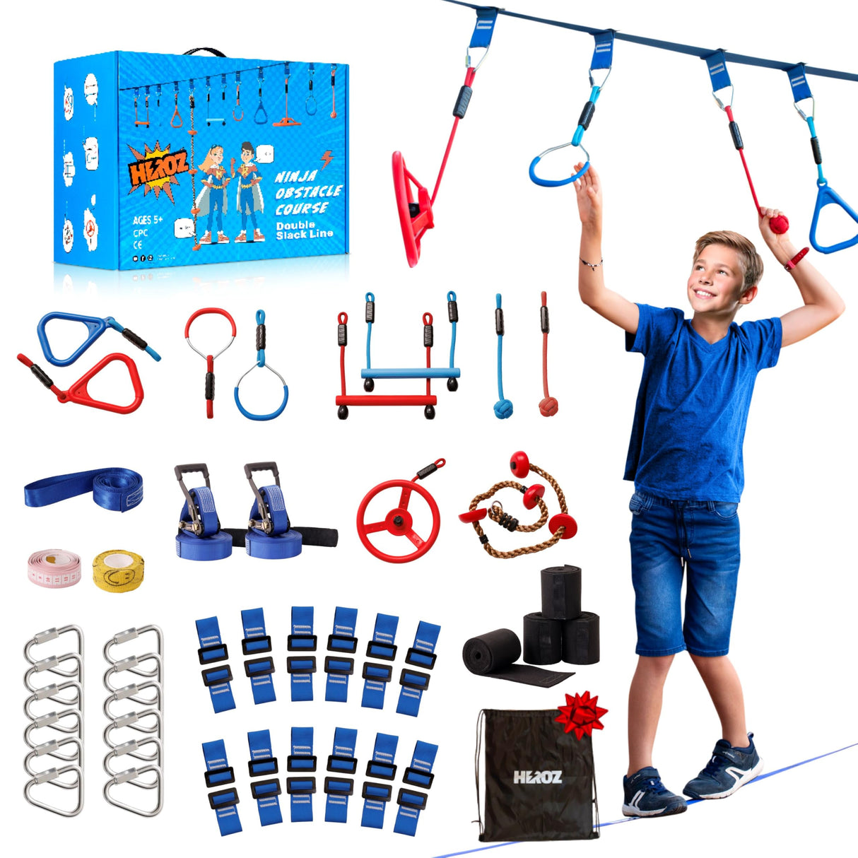 Heroz Obstacle Course for Kids - Ninja Warrior Obstacle Course for Kids Outdoor Play Equipment 65ft Double Slackline, Monkey Bars, Wheel, Climbing Rope - Jungle Gym Ninja Course for Kids Outside HEROZ