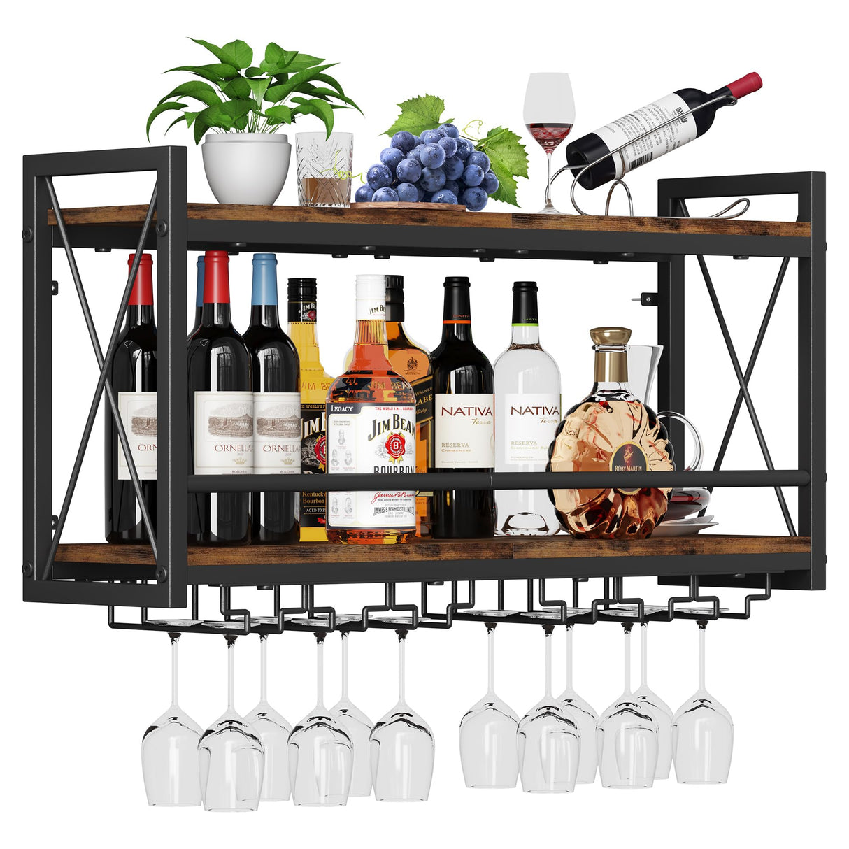 Homeiju Wall Mounted Wine Rack, Bottle & Glass Holder Wood-Metal Retro Wine Rack, Wine Bottles Display Wall Storage for Kitchen Dining Room Home Bar Homeiju