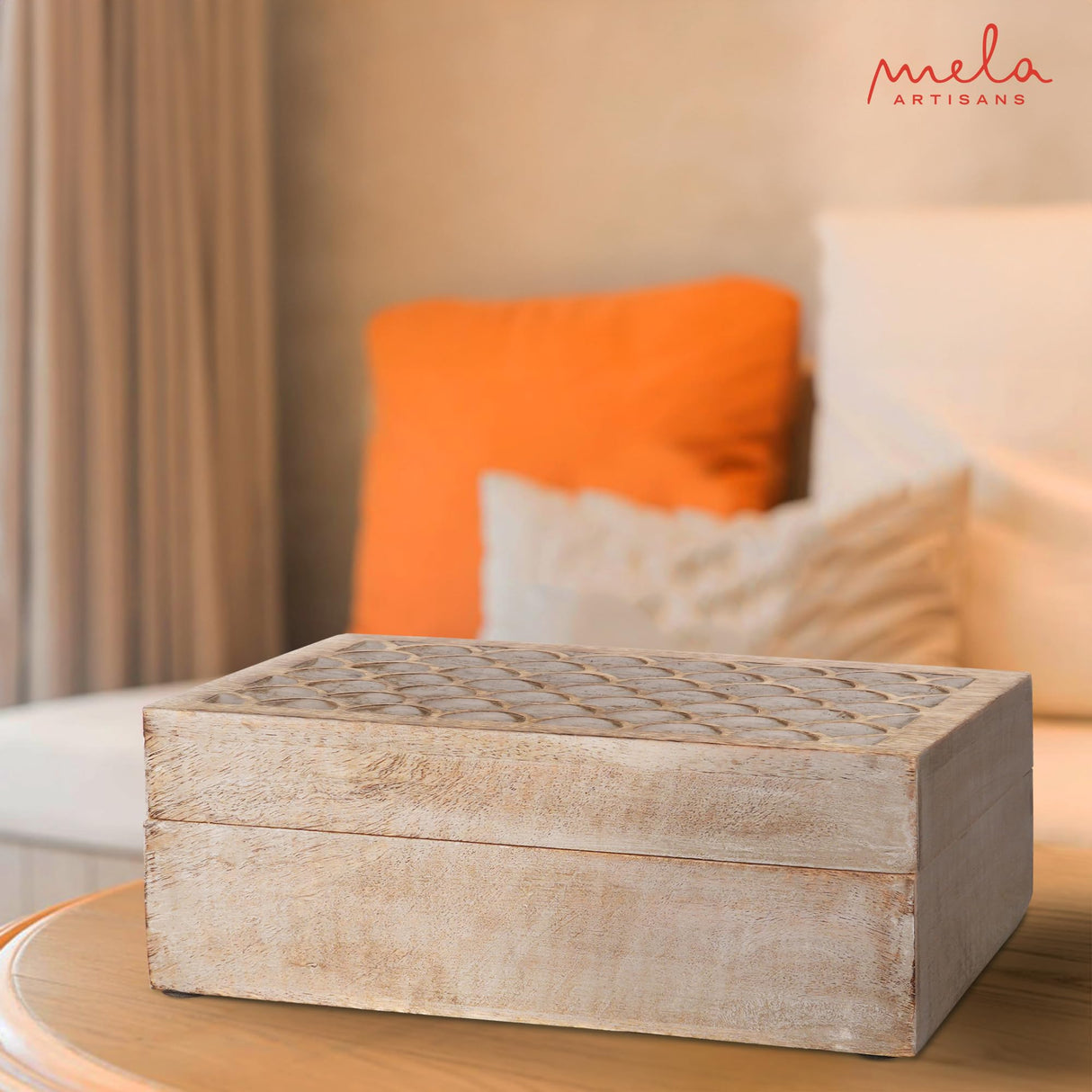 Scallop Wooden Box (Extra Large) - Light Burnt Over Grey Decorative Box w/ Felt Pads Underneath & Wooden Carving - Unique Handmade Mangowood Keepsake Storage Box for Jewelry - 10.5 x 7.5 x 4" Mela Artisans