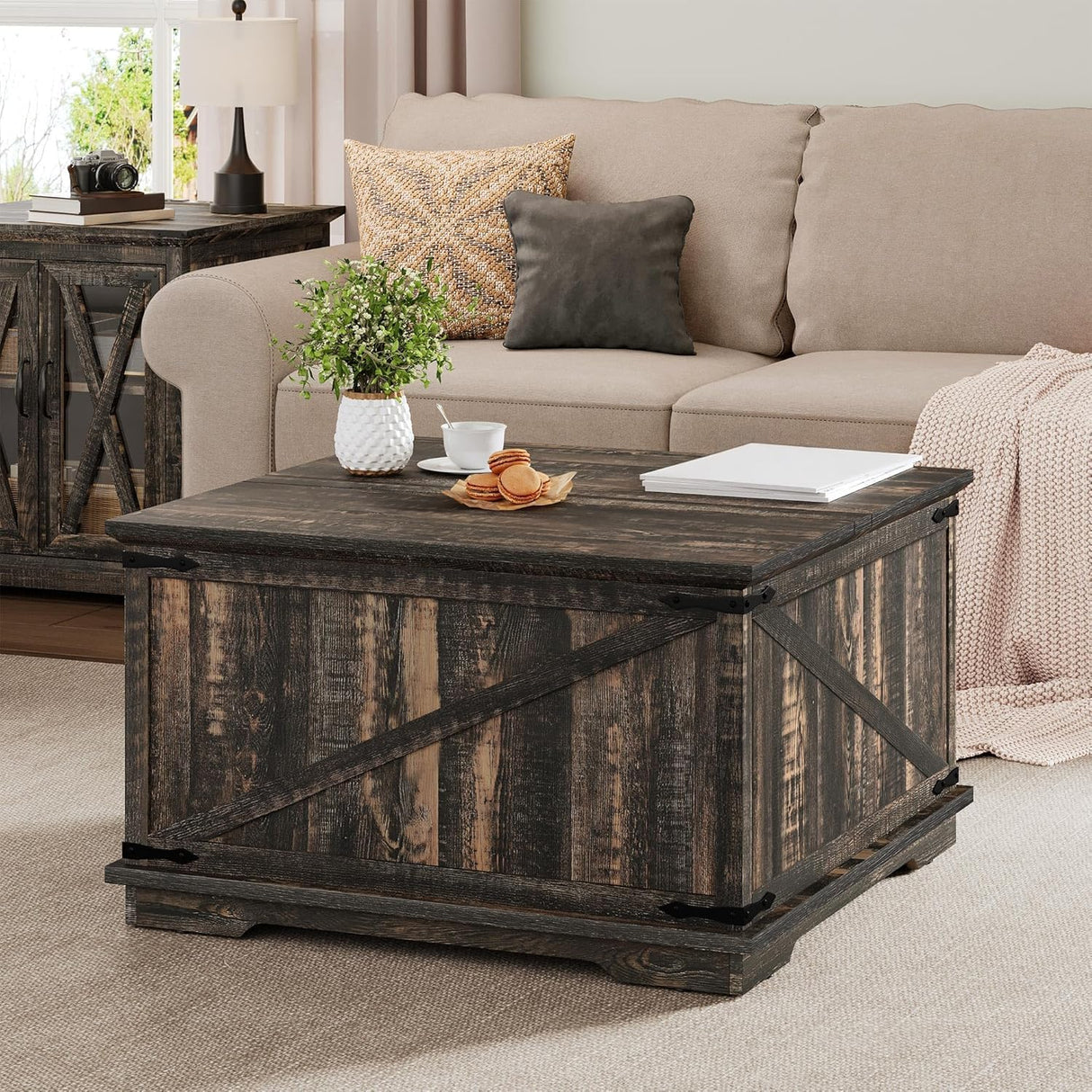 YITAHOME Farmhouse Lift Top Coffee Table, Square Wood Center Table with Large Hidden Storage Compartment for Living Room, Rustic Cocktail Table with Lift Top for Home Office,Dark Rustic Oak YITAHOME