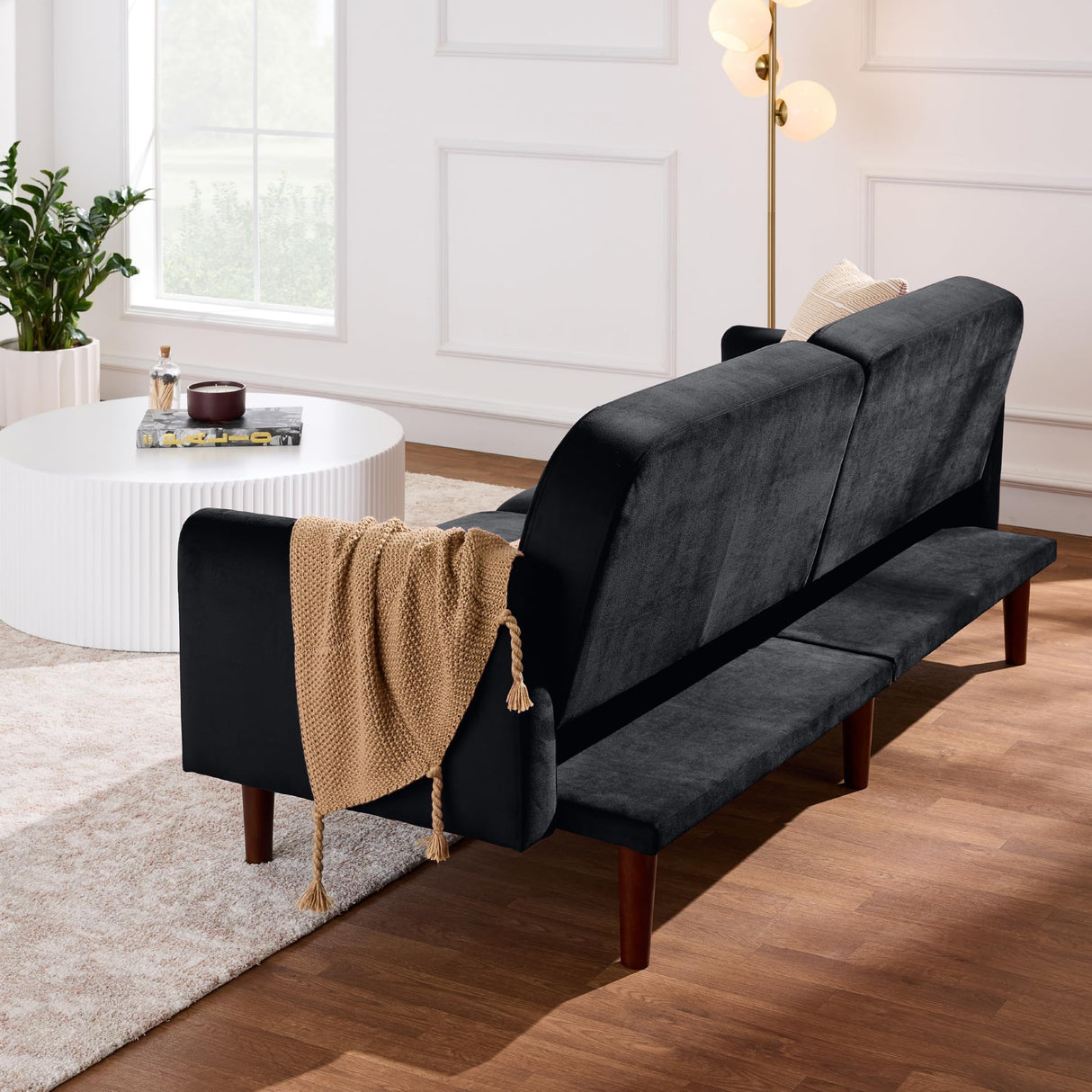 Best Choice Products 77" Mid Century Modern Velvet Loveseat Sofa, Couch, Convertible Sofa Sleeper Bed w/Real Wood, Removable Armrest - Onyx Black Best Choice Products