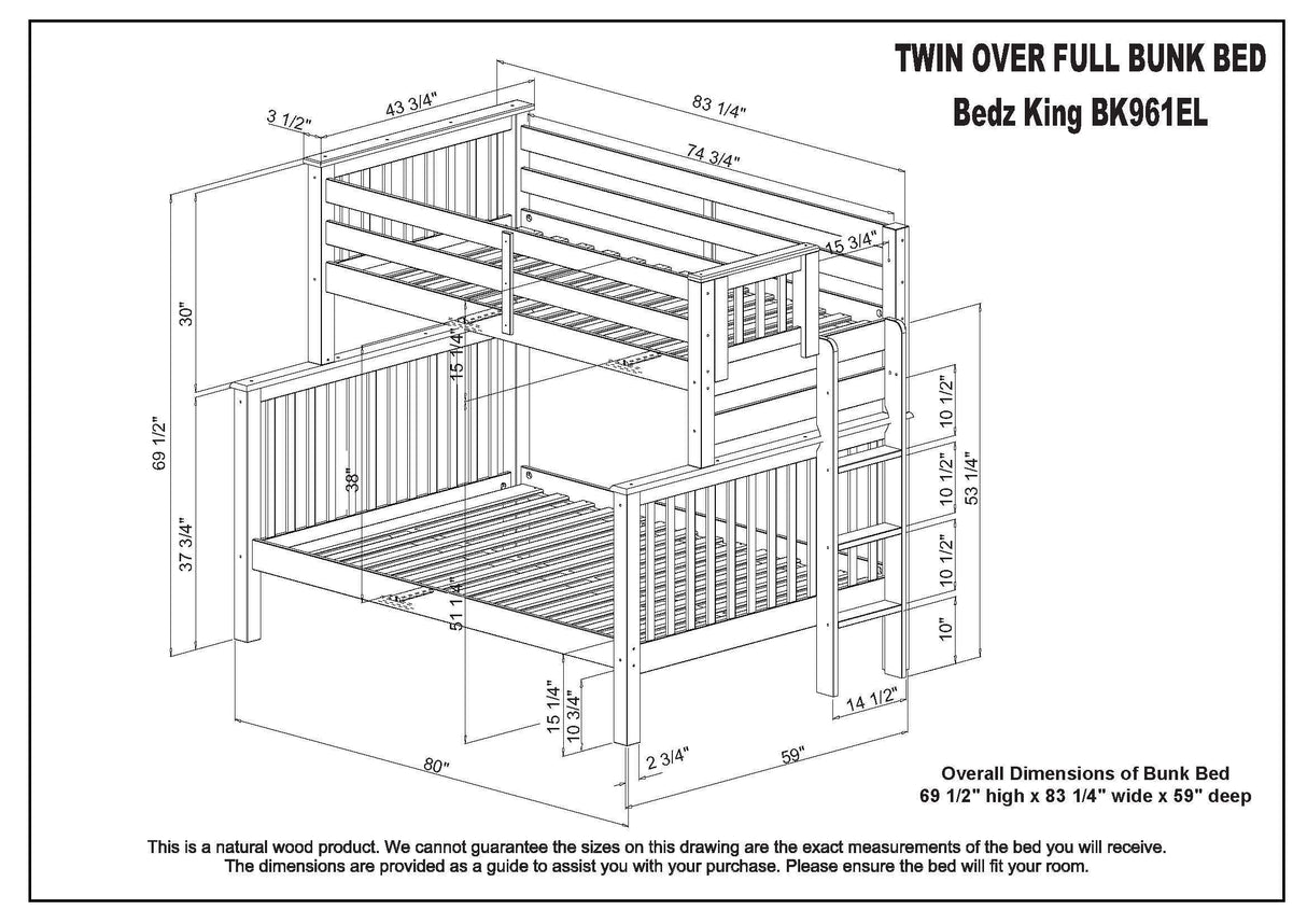 Bedz King Bunk Beds Twin over Full Mission Style with End Ladder and 2 Under Bed Drawers, Gray Bedz King