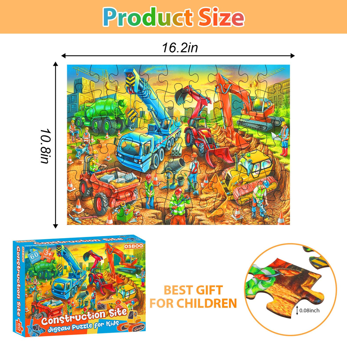 Jigsaw Puzzles for Kids Ages 3-5, 4-8, 6-8 Boys Girls - 60 Piece Construction Site - Large Piece Children Floor Jigsaw Puzzles - Science Educational Toys for 3 4 5 6 7 8 Years Old OSBOO