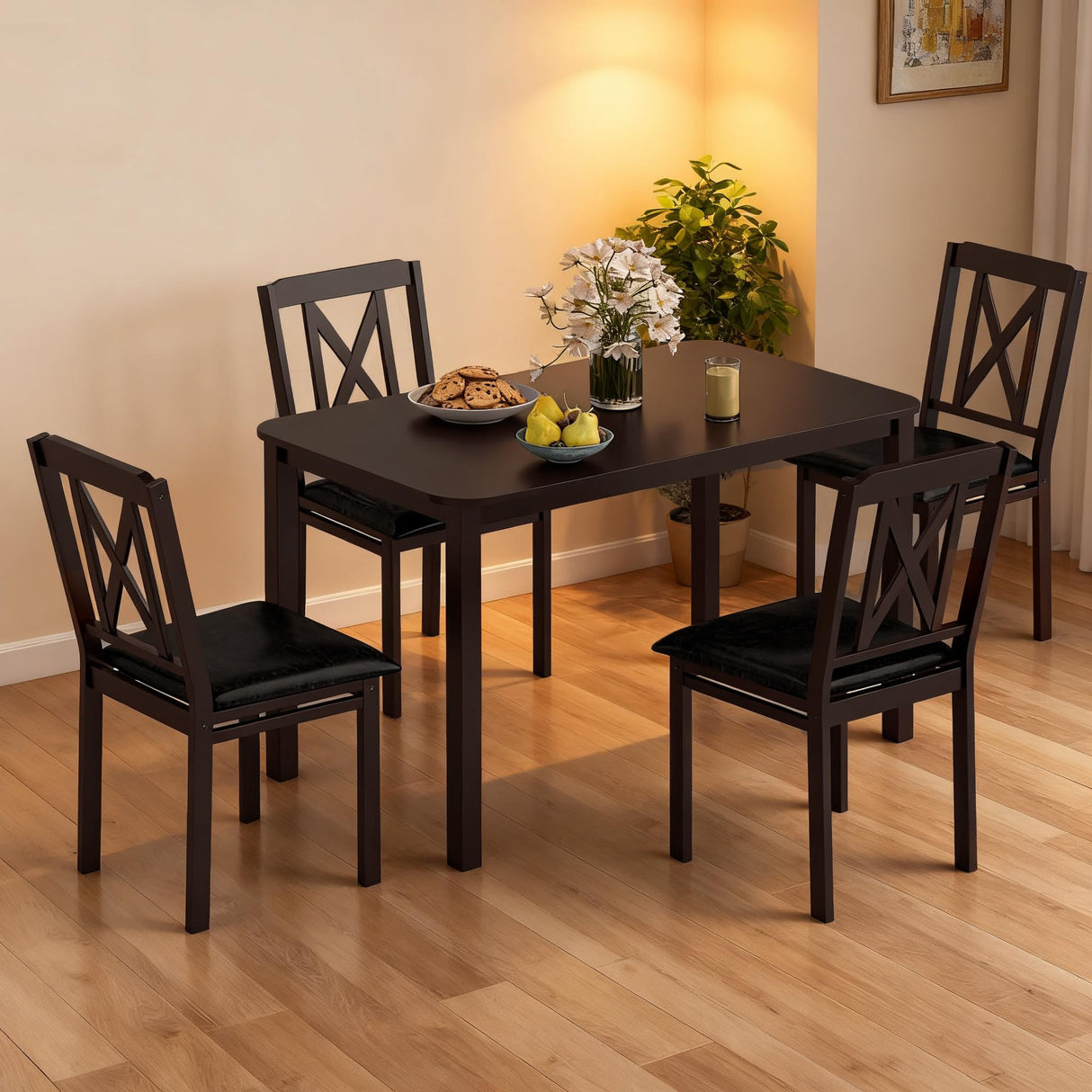 Tangkula 47" Dining Table Set for 4, Farmhouse Solid Wood Dinette Set w/Rubber Wood Legs, 4 Padded Chairs, Mid-Century Modern Dining Table and Chairs Set for Kitchen, Dining Room Tangkula