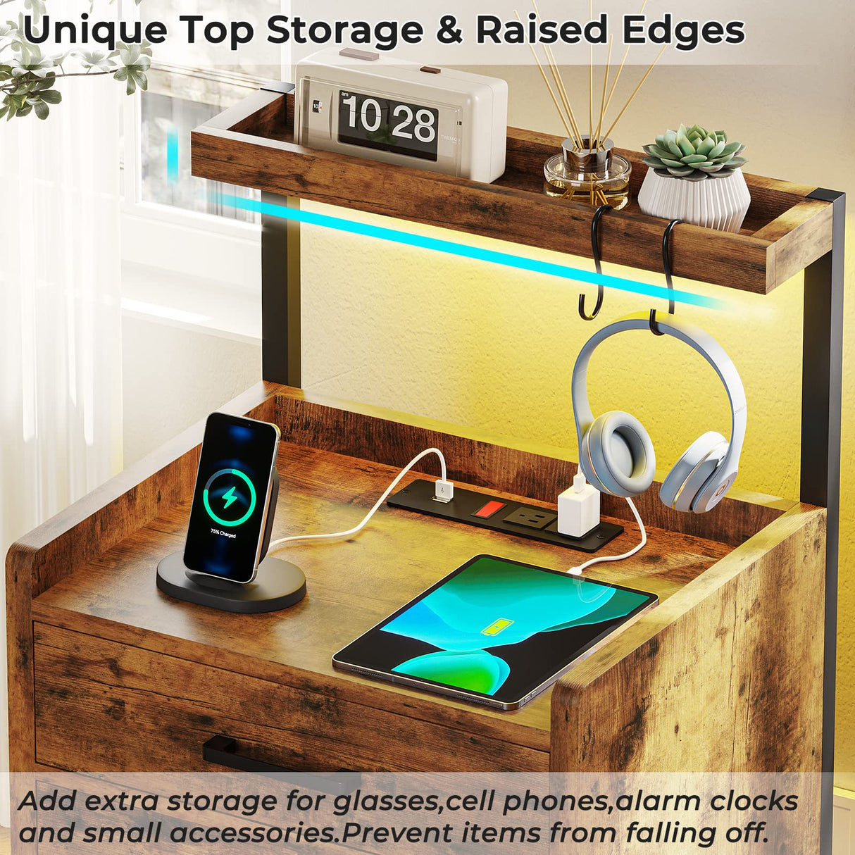 AOGLLATI LED Nightstand Set of 2 with Charging Station, 2 Drawers Night Stand with LED Lights for Bedroom, 2 USB Ports, 2 Power Outlets, Bed Side Table with Storage Shelves AOGLLATI