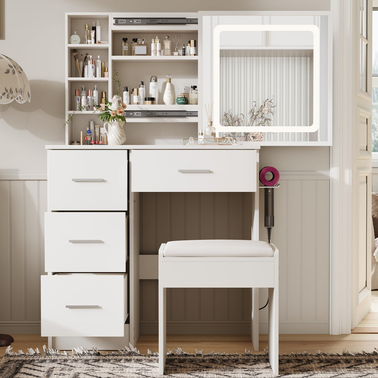 Vanity Desk Set with LED Lighted Mirror & Power Outlet, Makeup Vanity with Chair & 4 Drawers, Vanity Table with Sliding Mirror, Vanity Set 3 Lighting Modes Brightness Adjustable Duoku