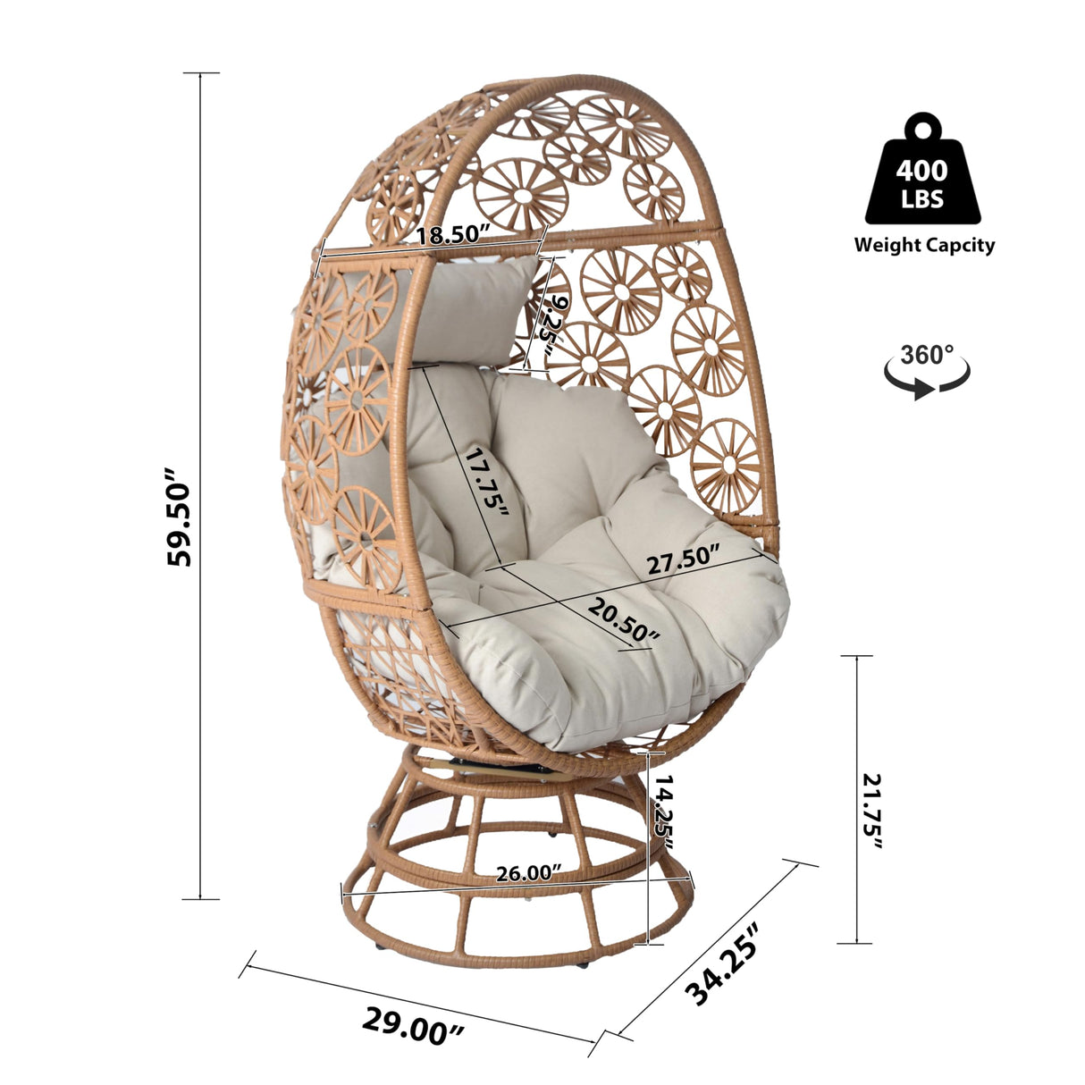 Merax Outdoor Patio Wicker Swivel Egg Chair with Beige Cushion, Outdoor Rattan Basket Egg Chair for Garden, Lawn, Bedroom, Brown+Beige Merax