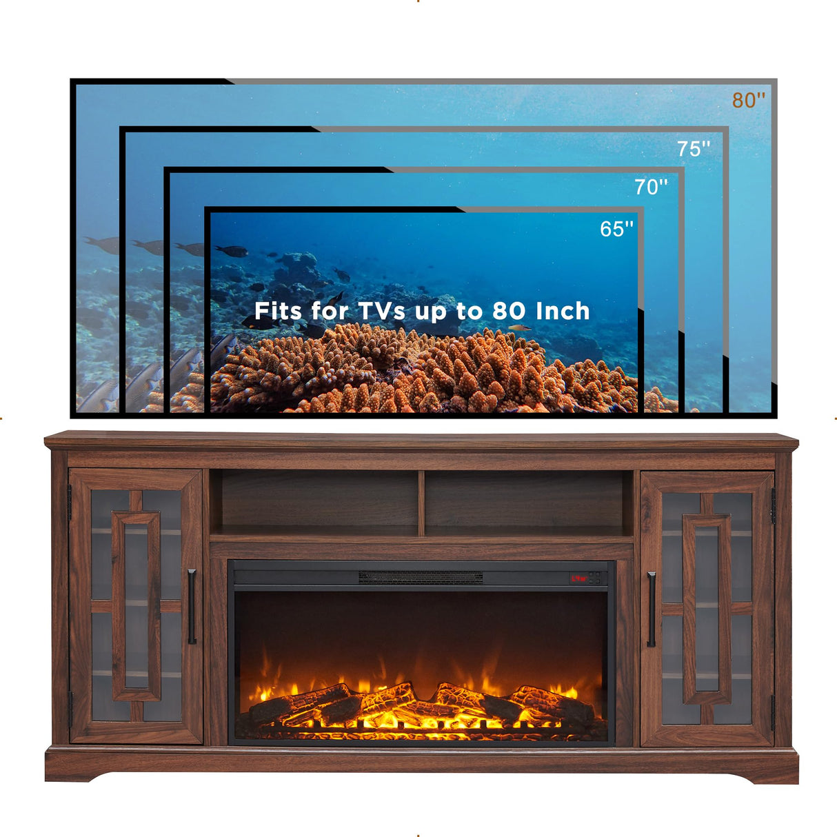 JXQTLINGMU Fireplace TV Stand with 36" Electric Fireplace for 75 80 Inch TV, Farmhouse 32" Tall Highboy Entertainment Center w/6 Shelves, Modern Media Console Storage Cabinet for Living Room, Brown JXQTLINGMU