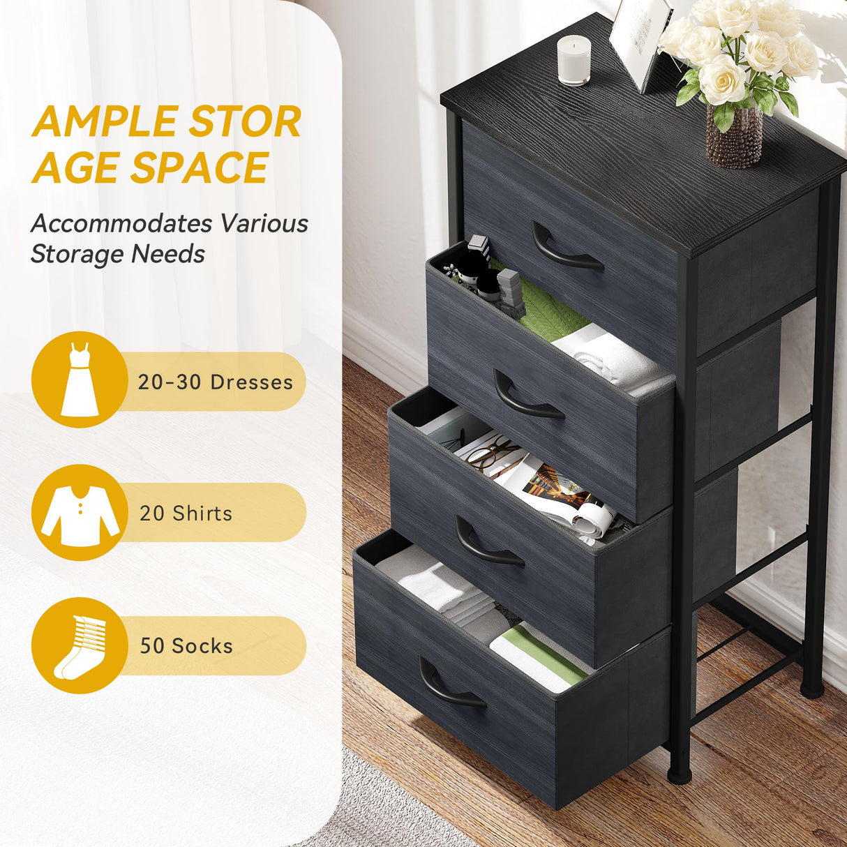 DWVO 4 Drawers Dresser, Dresser for Bedroom, Fabric Storage Tower, Chest of Drawers, Organizer Unit for Closets, Living Room, Sturdy Steel Frame, Wooden Top, Easy Pull Fabric Bins DWVO