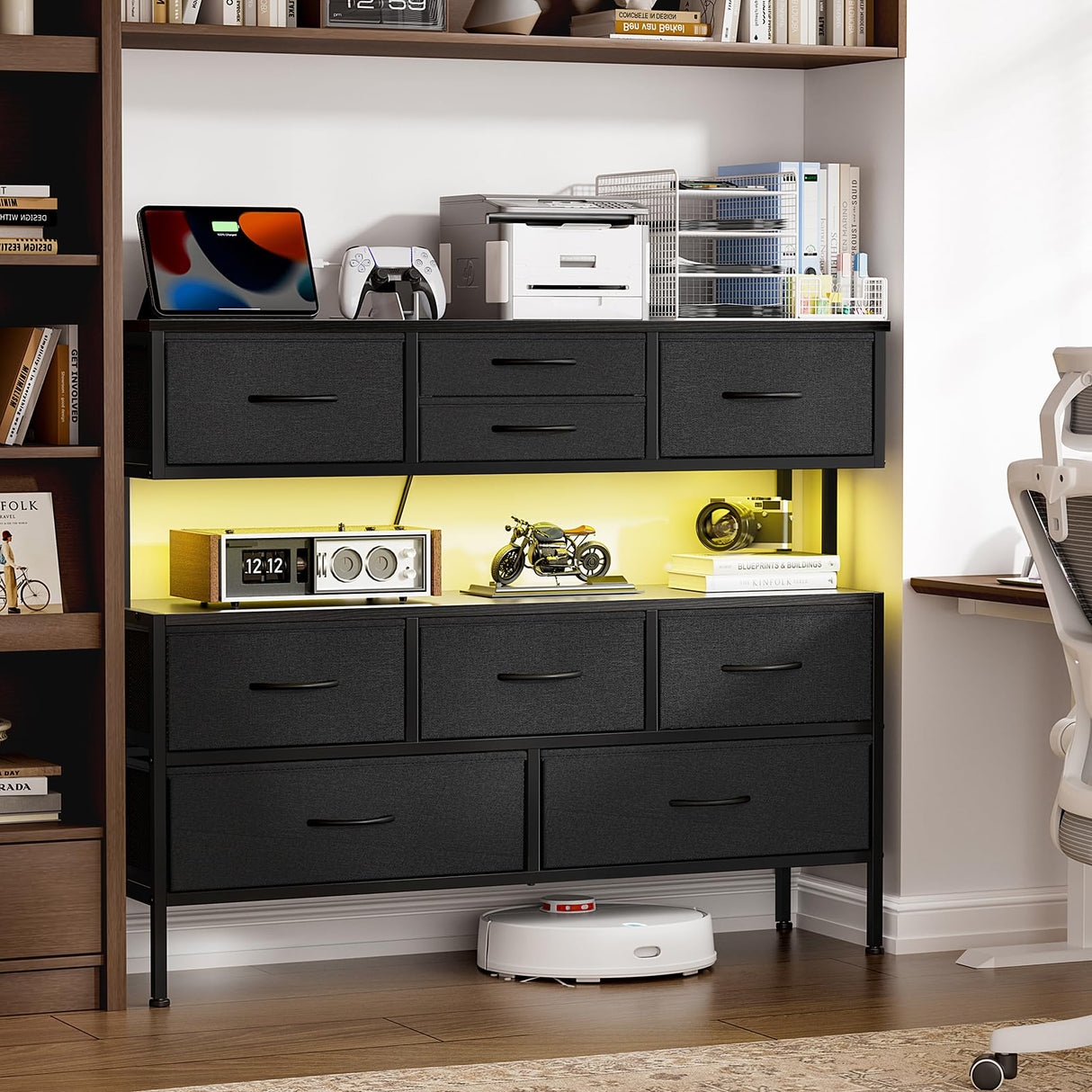 REAHOME Dresser TV Stand with Charging Station and LED Lights, 55” TV Stand with 9 Drawers, Fabric Dresser for Bedroom, Steel Frame, Large Storage Chest of Drawers for Closet, Living Room, Black Gray REAHOME