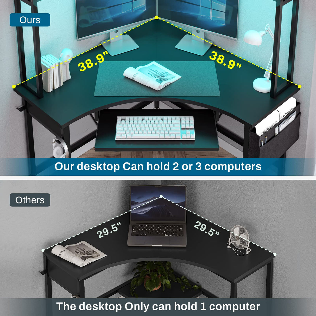 SEDETA Corner Desk, Small Computer Desk with Hutch & LED Lights, Triangle Corner Computer Desk with Keyboard Tray, Storage Bag, and Headphone Hook for Small Space, Small Office Desk, Black SEDETA