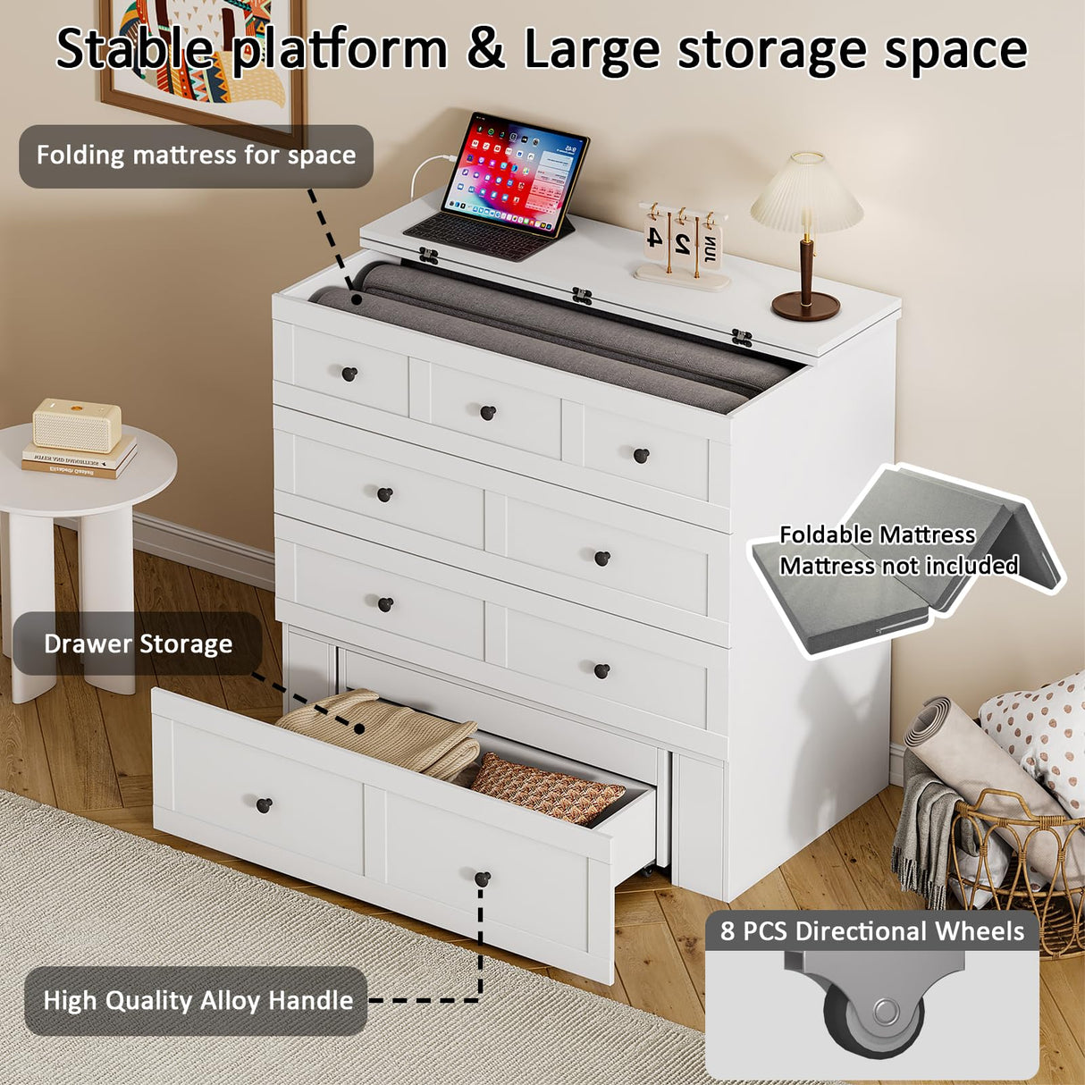 LIVAUVEAD Twin Murphy Bed with Built-in Charging Station, Space-Saving Murphy Bed Chest Twin with Drawer, Foldable, for Home Office Guest Room Bedroom White LIVAUVEAD